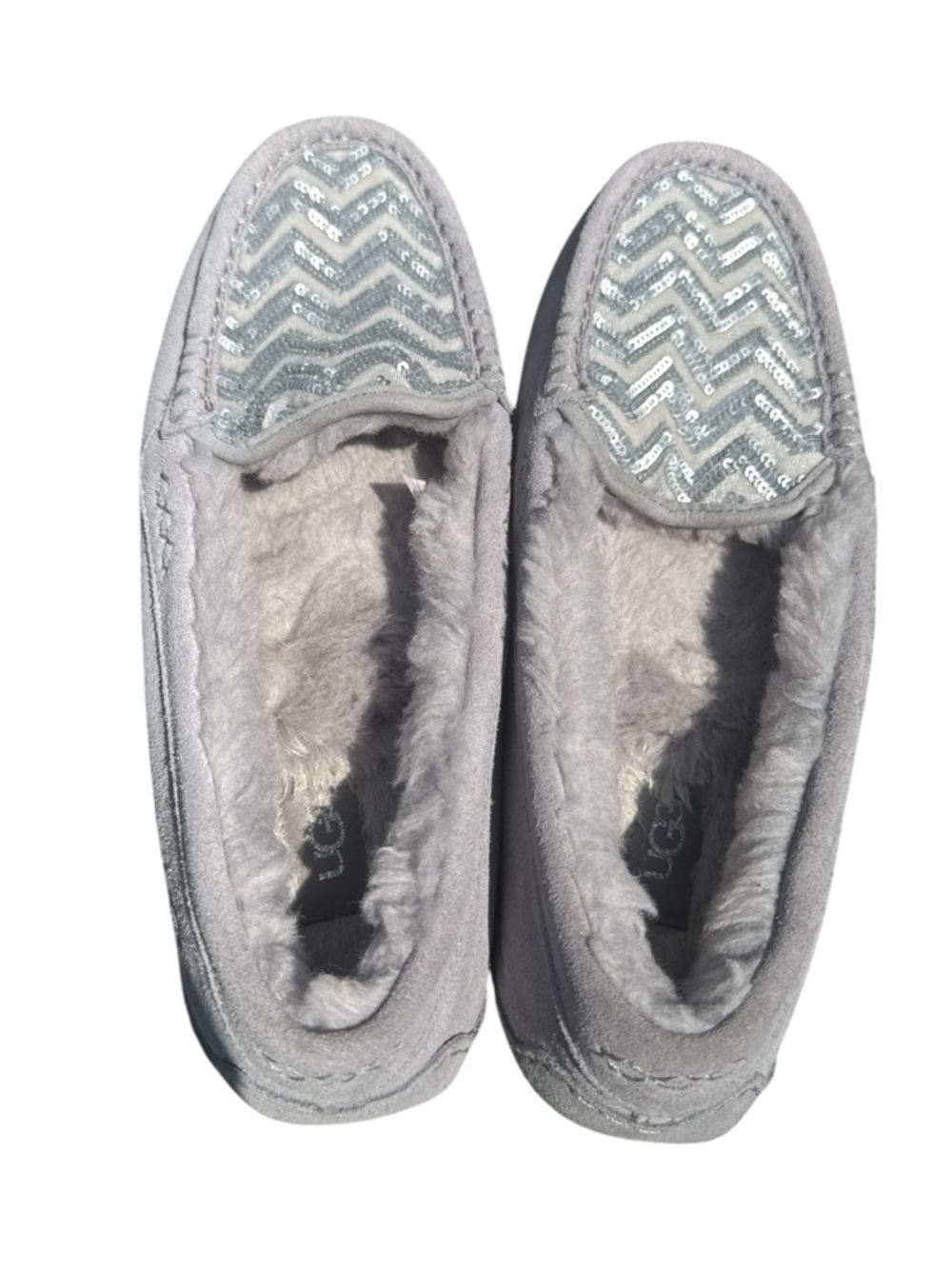 UGG Silver Gray Sequin Chevron Women's Moccasin Slippers Size 10